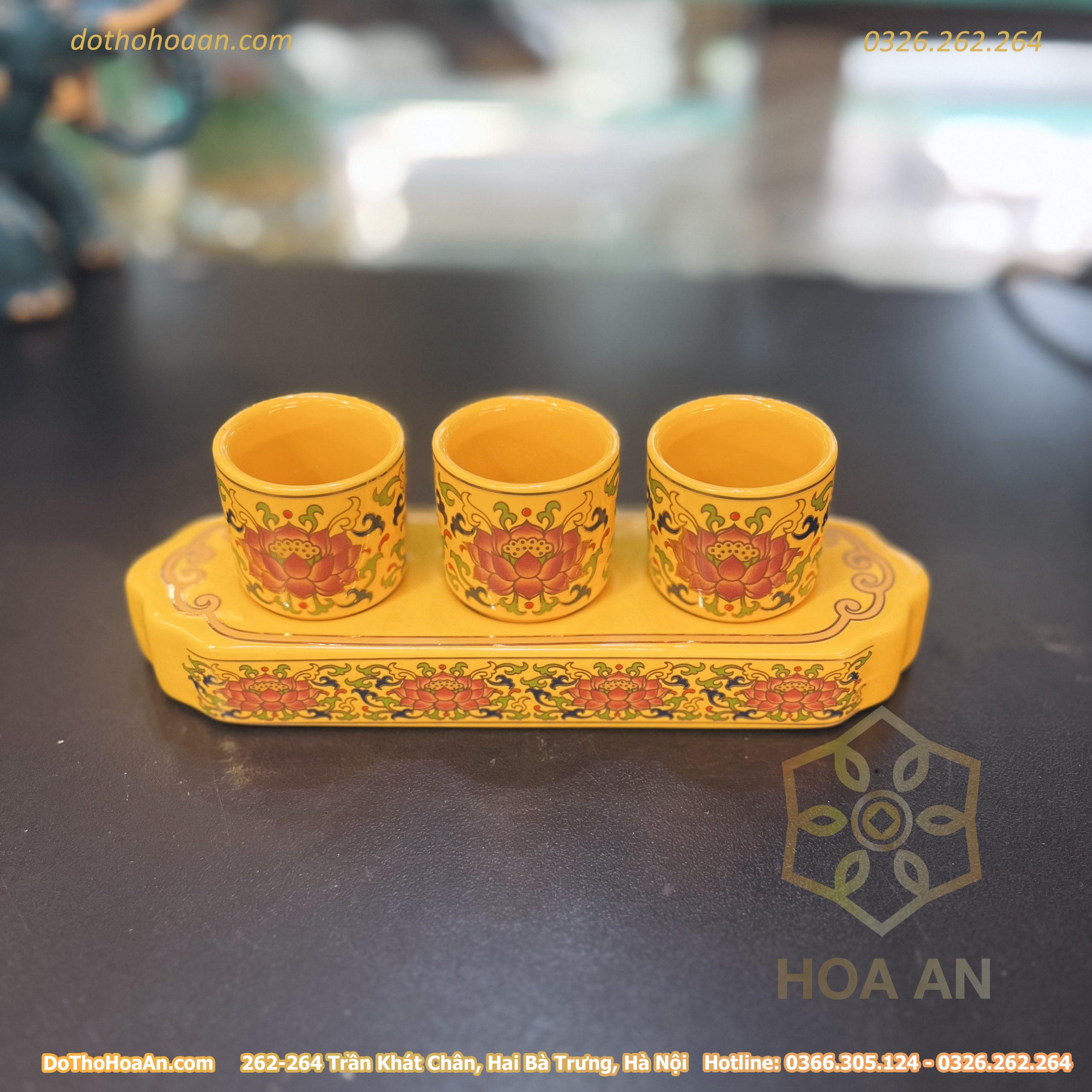 Khay Nước 3 Chén Gấm Vàng