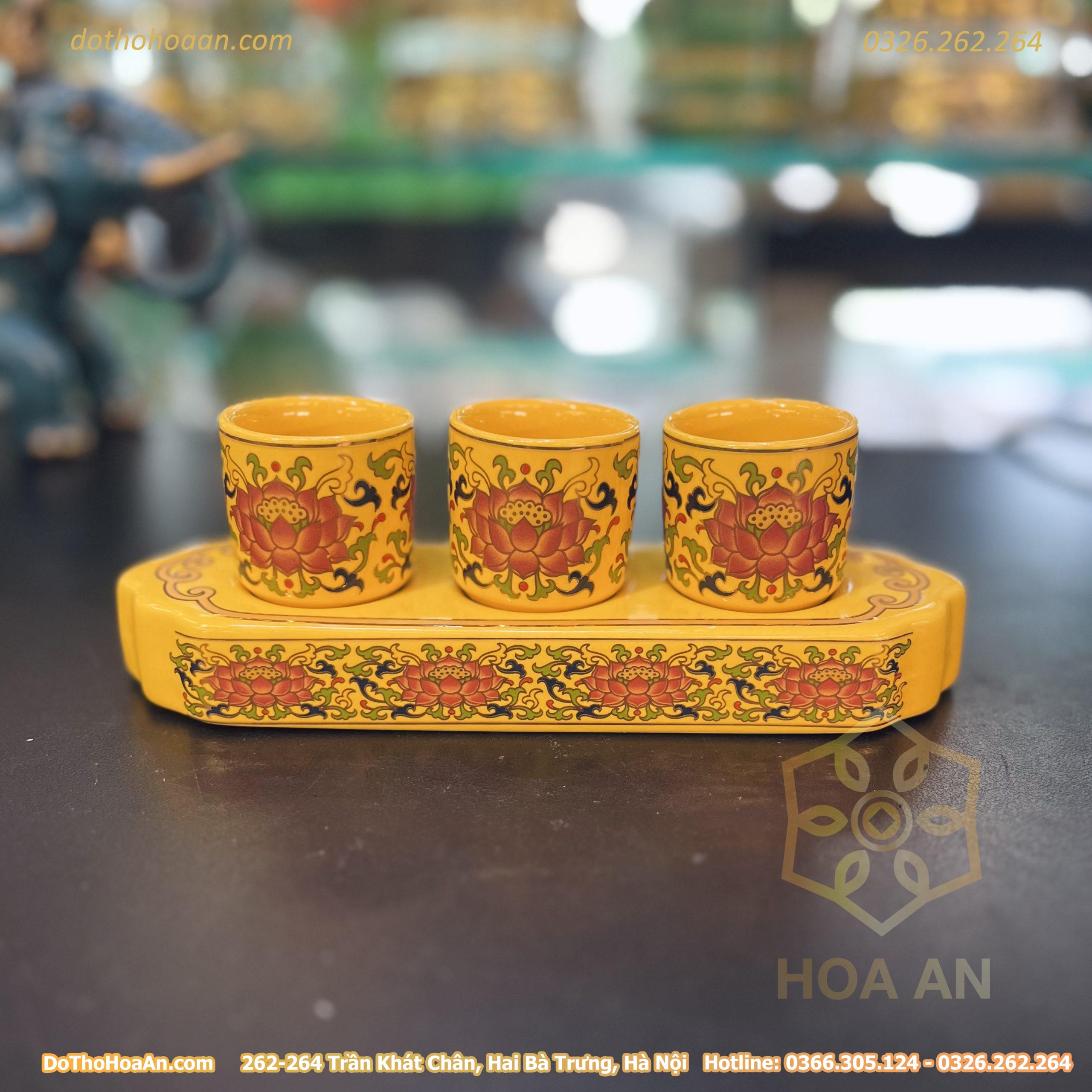 Khay Nước 3 Chén Gấm Vàng