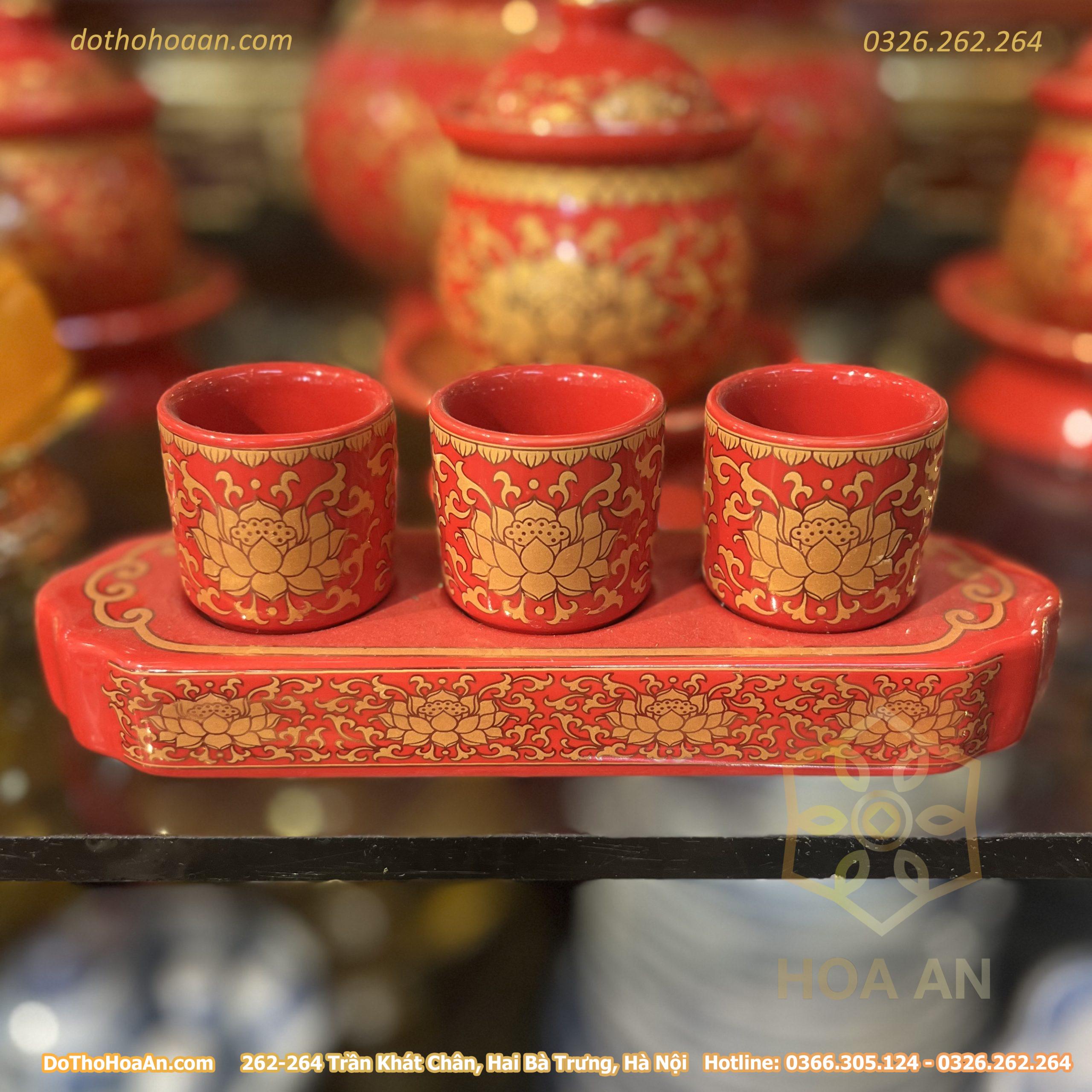 Khay Nước 3 Chén Sứ Gấm Đỏ