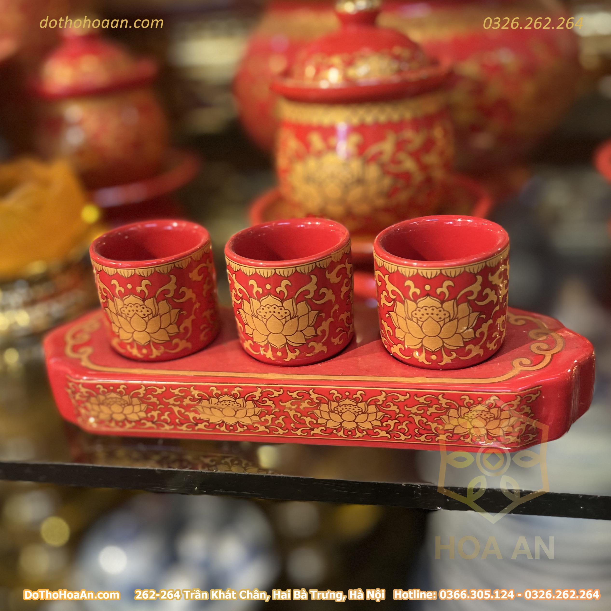 Khay Nước 3 Chén Sứ Gấm Đỏ (4)