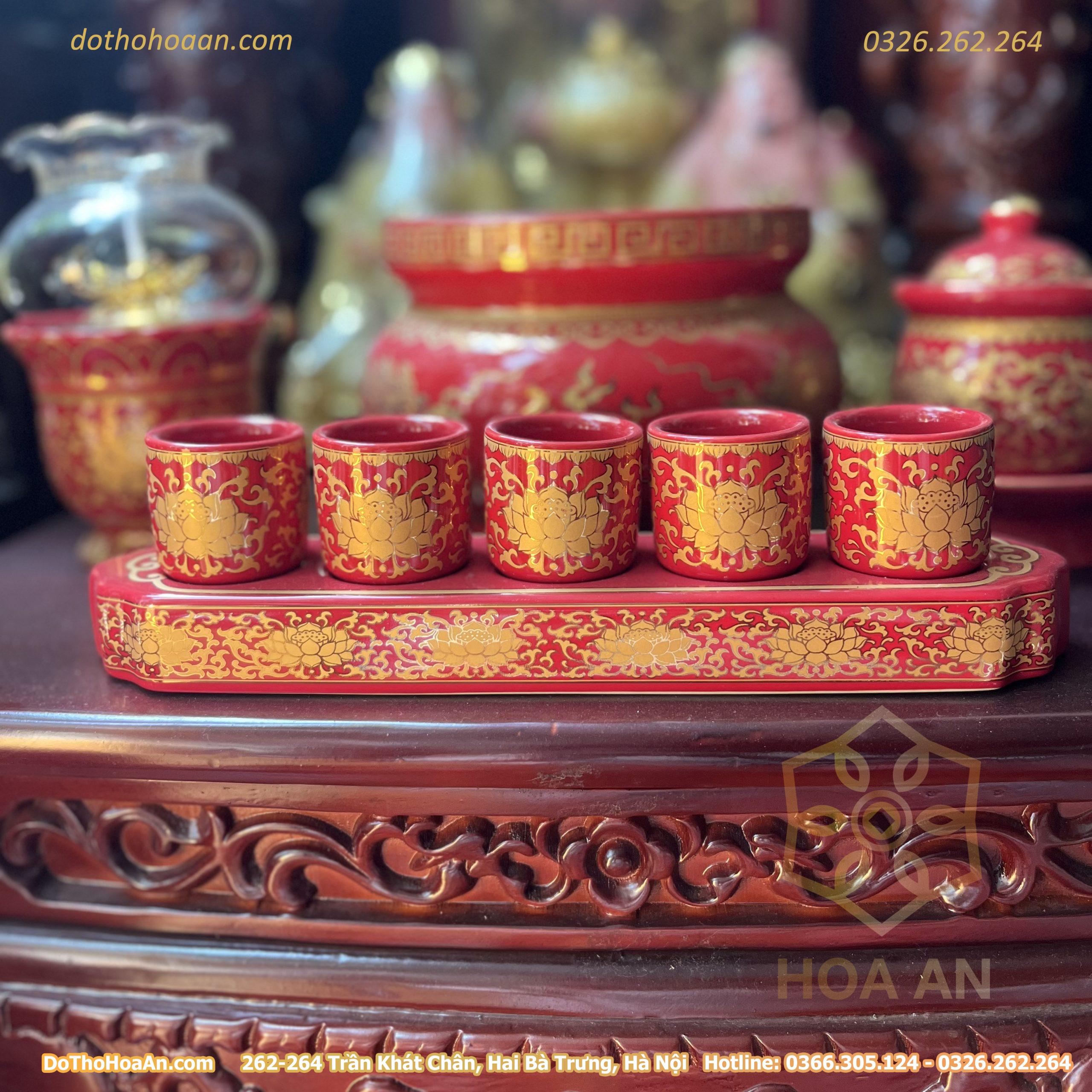 Khay Nước 5 Chén Sứ Gấm Đỏ
