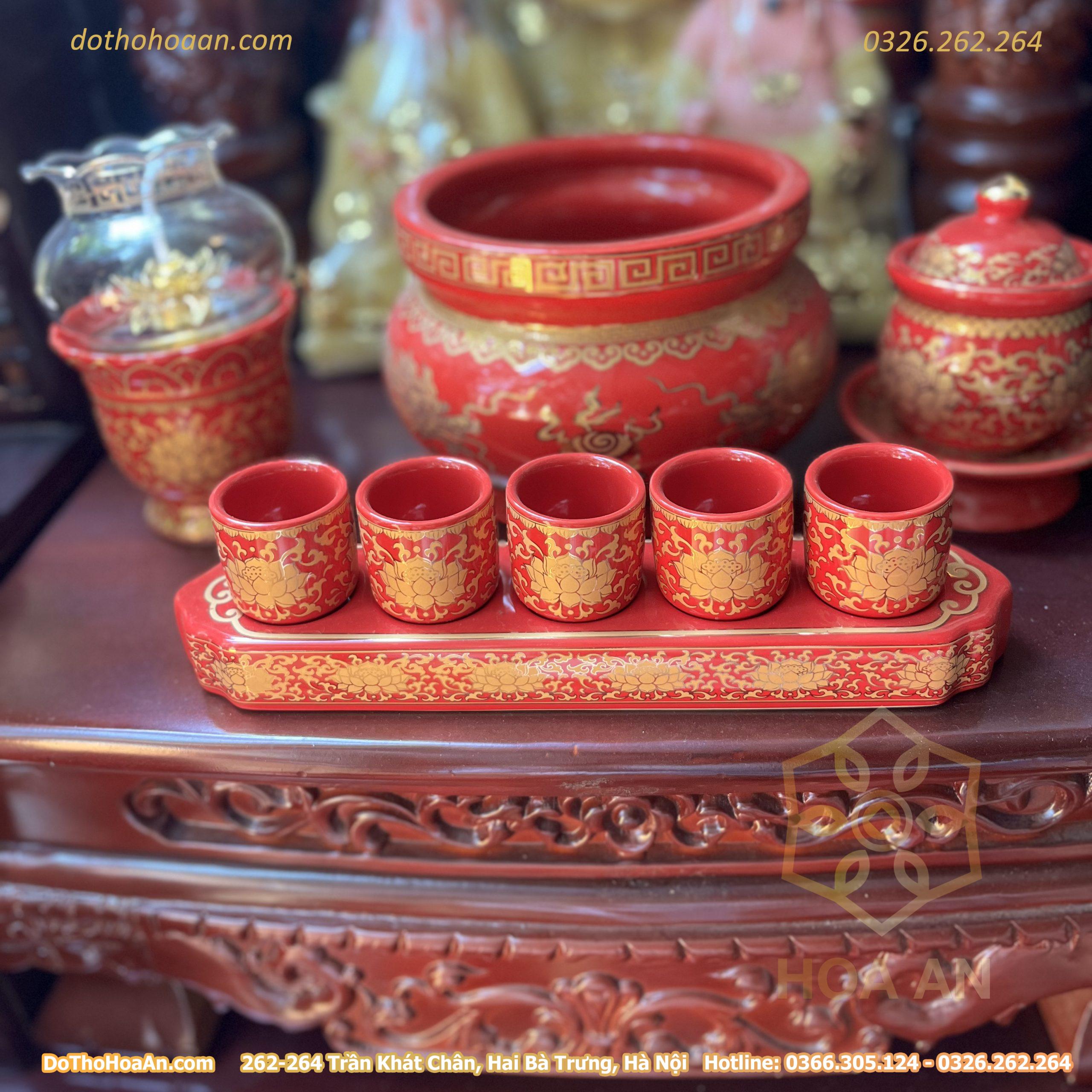 Khay Nước 5 Chén Sứ Gấm Đỏ