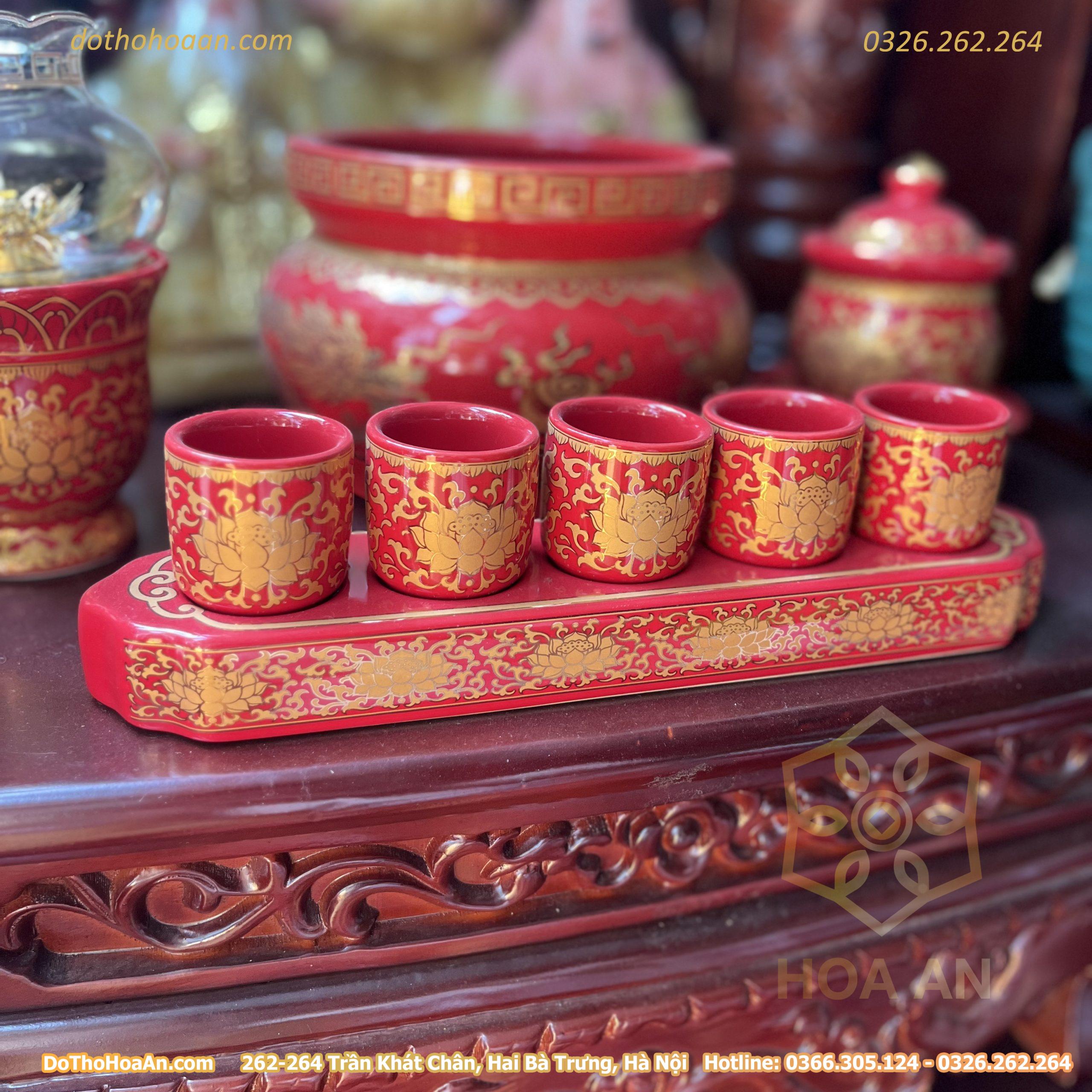 Khay Nước 5 Chén Sứ Gấm Đỏ