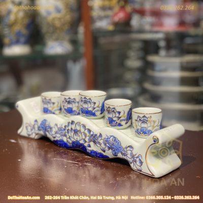 Kỷ Ngai 5 Chén Men Lam Vẽ Vàng 24K