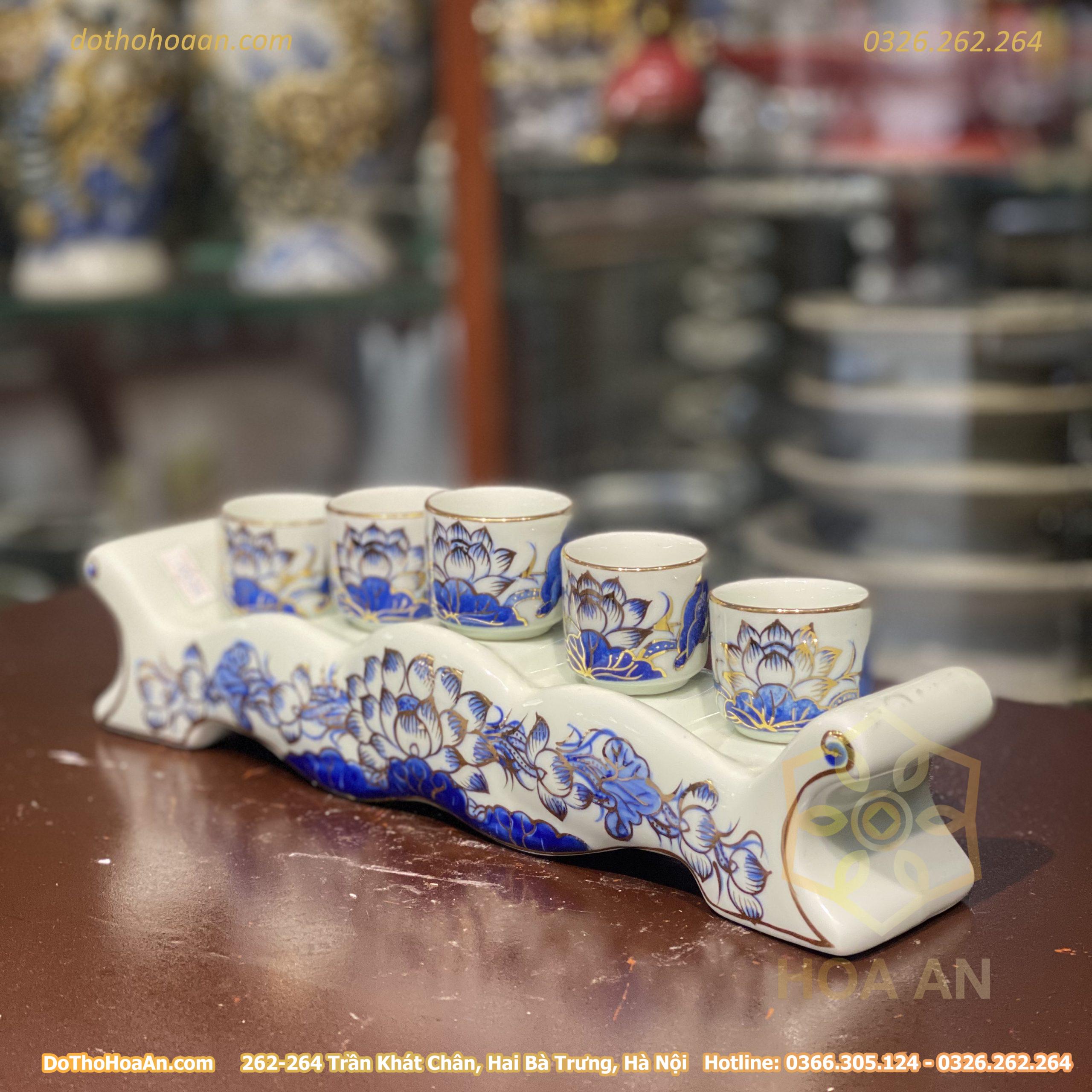 Kỷ Ngai 5 Chén Men Lam Vẽ Vàng 24K