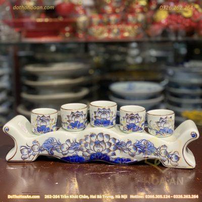Kỷ Ngai 5 Chén Men Lam Vẽ Vàng 24K