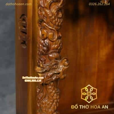Bàn Thờ Thần Tài Cột Rồng Gỗ Gụ Mái Chùa Mái Màu Nâu4