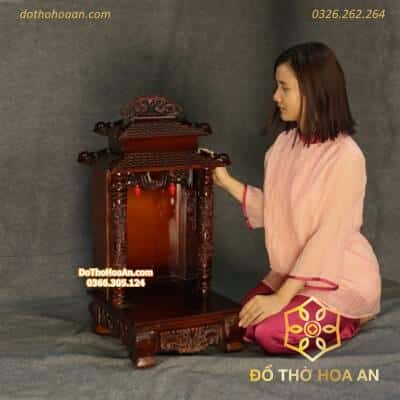 Bàn Thờ Thần Tài Gỗ Xoan 2 Mái Chùa Màu Nâu