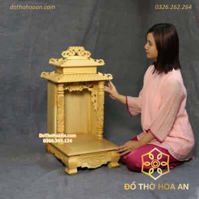 Bàn Thờ Thần Tài Gỗ Xoan 2 Mái Chùa Màu Vàng