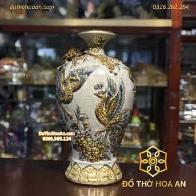 Mai Bình Hút Lộc Công Đào Men Rạn Vẽ Vàng 24K