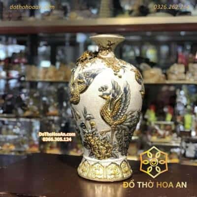 Mai Bình Hút Lộc Công Đào Men Rạn Vẽ Vàng 24K1