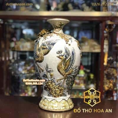 Mai Bình Hút Lộc Công Đào Men Rạn Vẽ Vàng 24K3