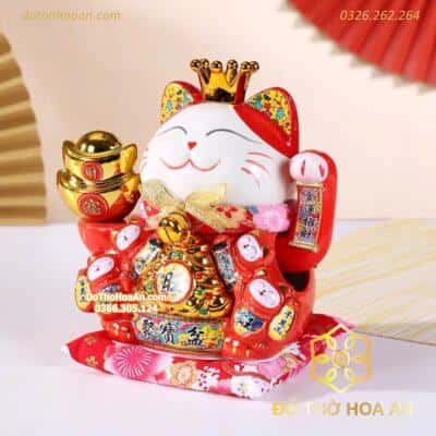 Mèo Thần Tài Đế Vương Đỏ Can Khách Lai Phương Cao 21cm