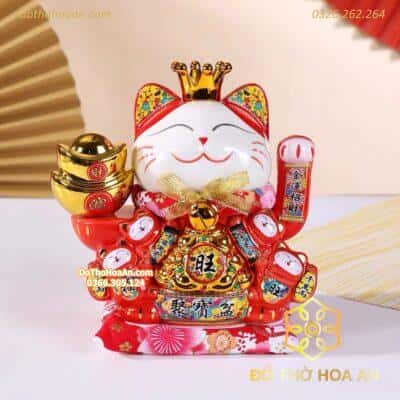 Mèo Thần Tài Đế Vương Đỏ Can Khách Lai Phương Cao 21cm