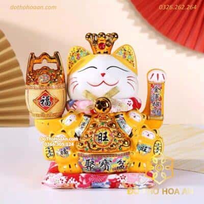 Mèo Thần Tài Đế Vương Vàng Can Khách Lai Phương Cao 21cm