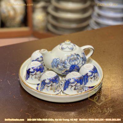 Bộ Ấm Chén Trà Thờ Men Lam Vẽ Vàng 24K