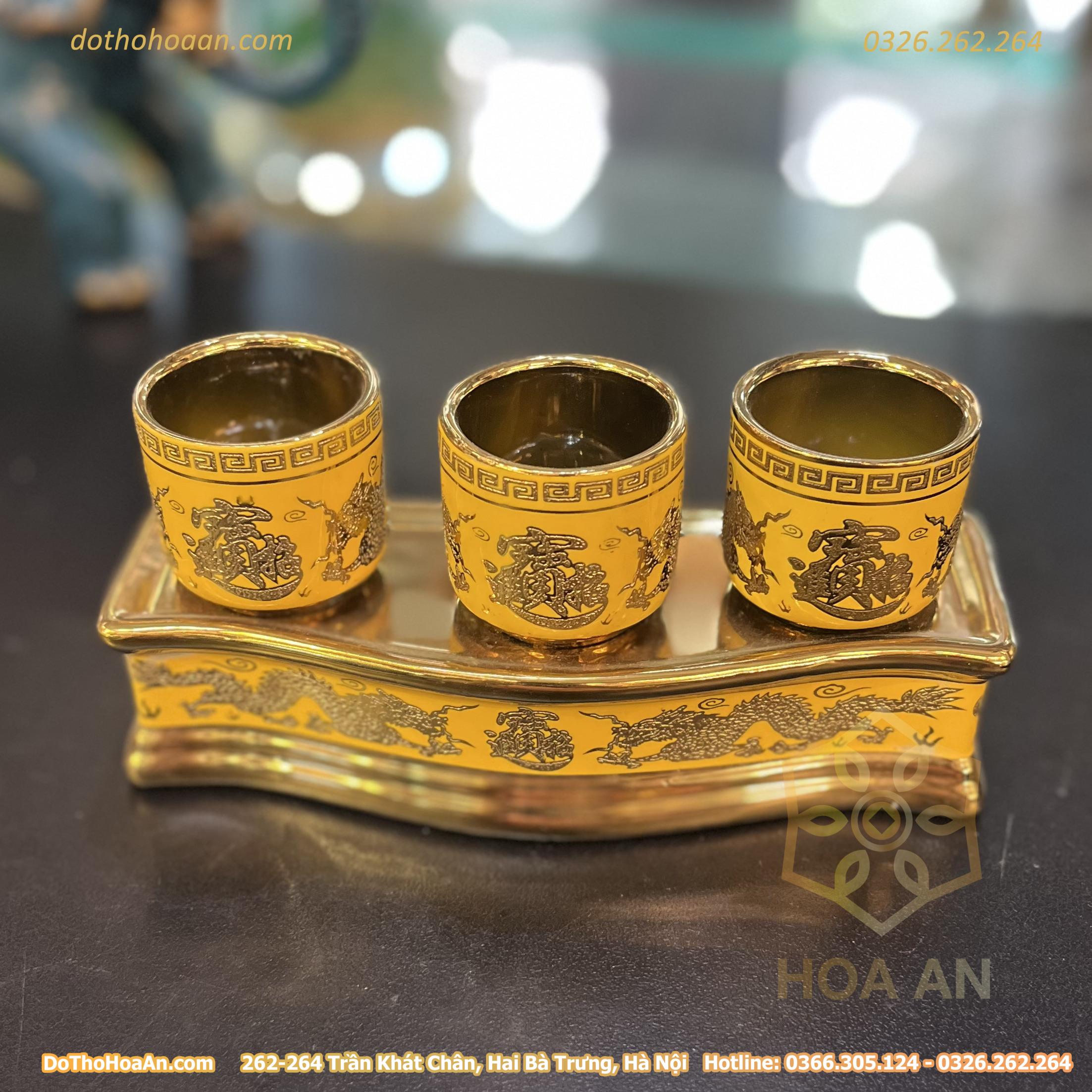 Khay Nước 3 Chén Men Vàng Kim Sa