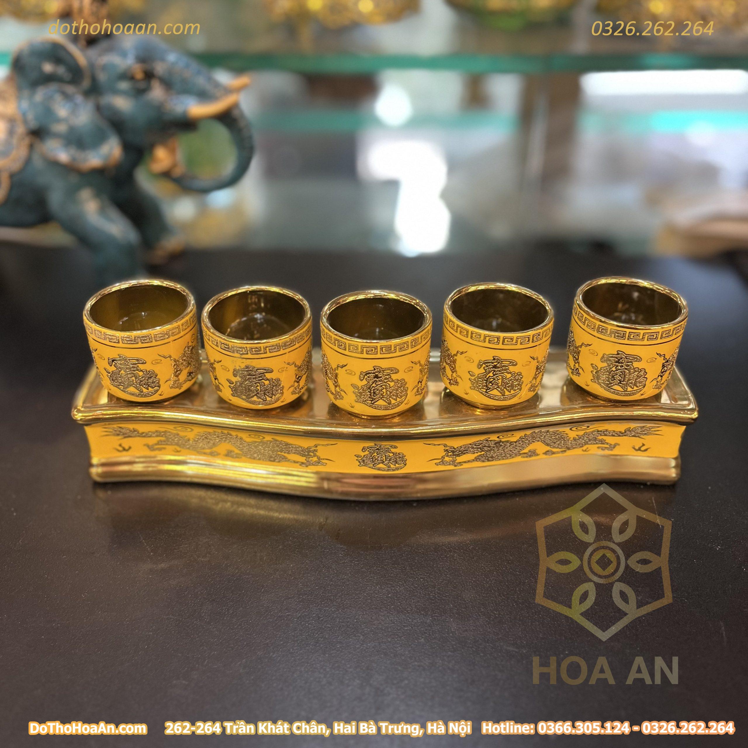 Khay Nước 5 Chén Men Vàng Kim Sa
