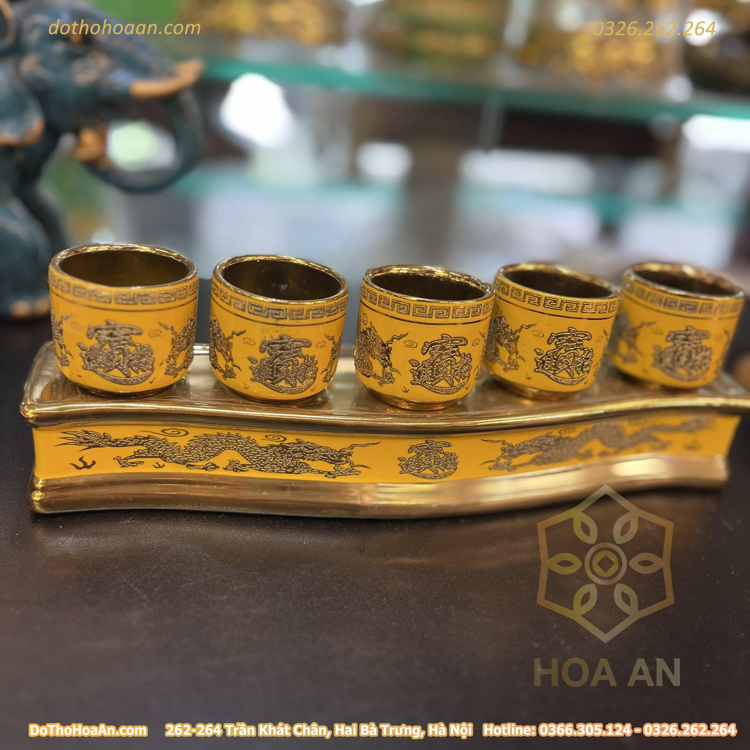 Khay Nước 5 Chén Men Vàng Kim Sa (4) Khay Nước 5 Chén Men Vàng Kim Sa