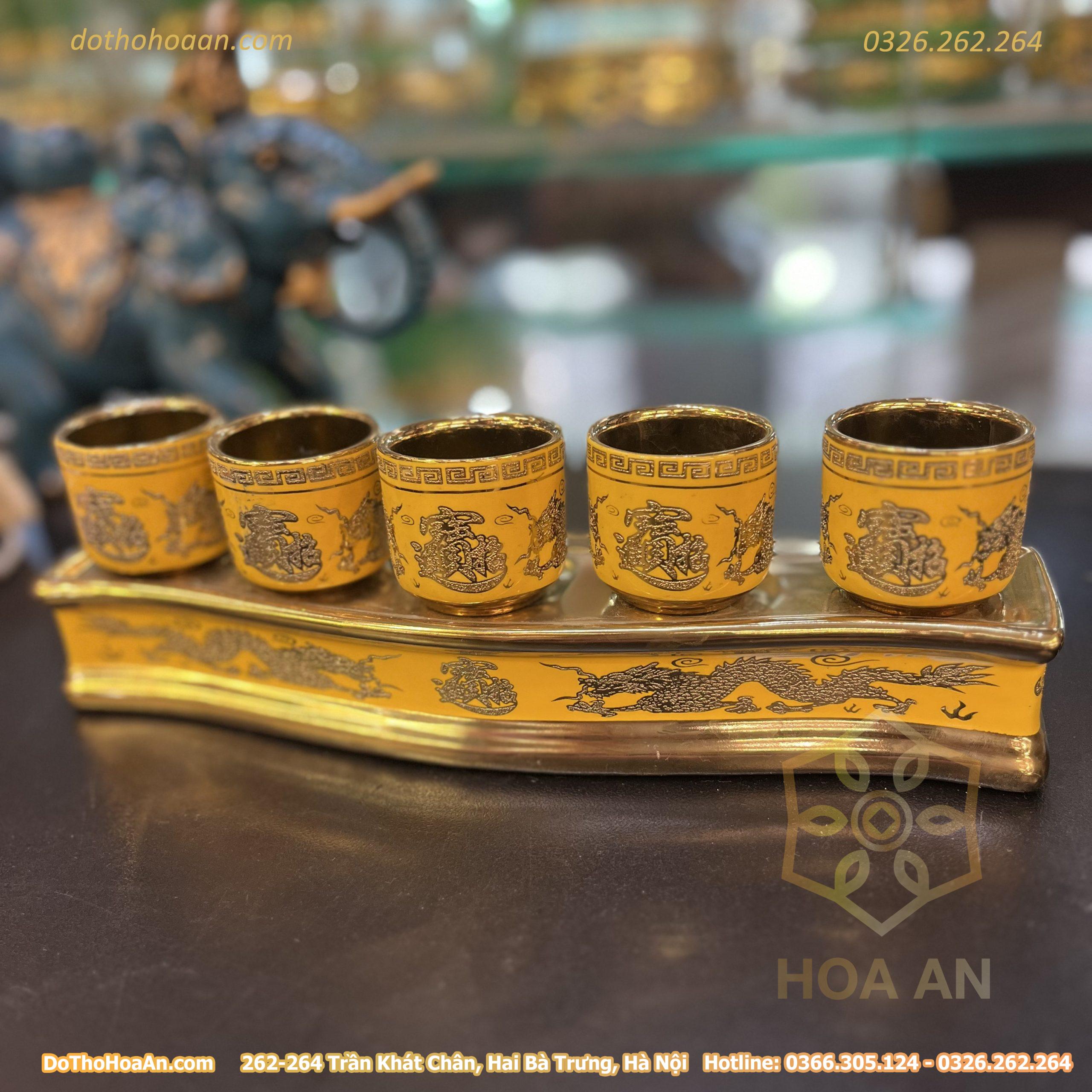 Khay Nước 5 Chén Men Vàng Kim Sa