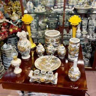 Bộ Đồ Thờ Thần Linh Men Rạn Vẽ Vàng2