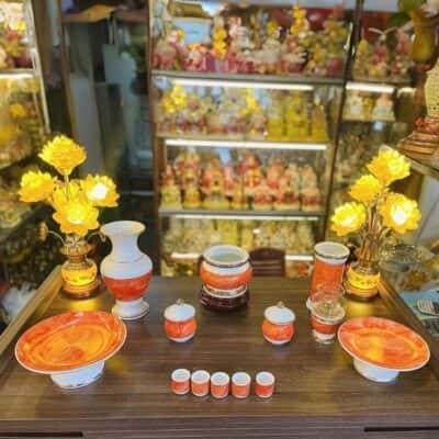 Bộ Đồ Thờ Thần Linh Sứ Vân Đá Đỏ
