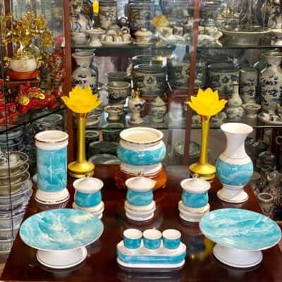 Bộ Đồ Thờ Thần Linh Sứ Vân Đá Xanh3