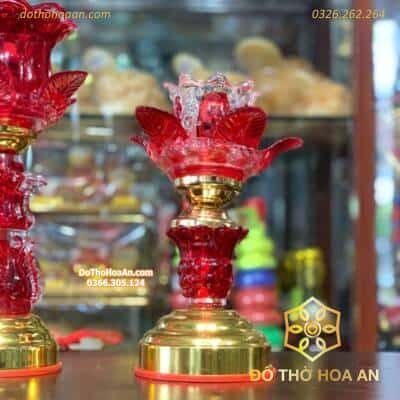 Đèn Thờ Hoa Sen 1 Bông Thân Thủy Tinh Đỏ1