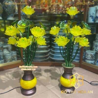 Đèn Thờ Hoa Sen 13 Bông Lưu Ly Thân Đá Ngọc Hoàng Long