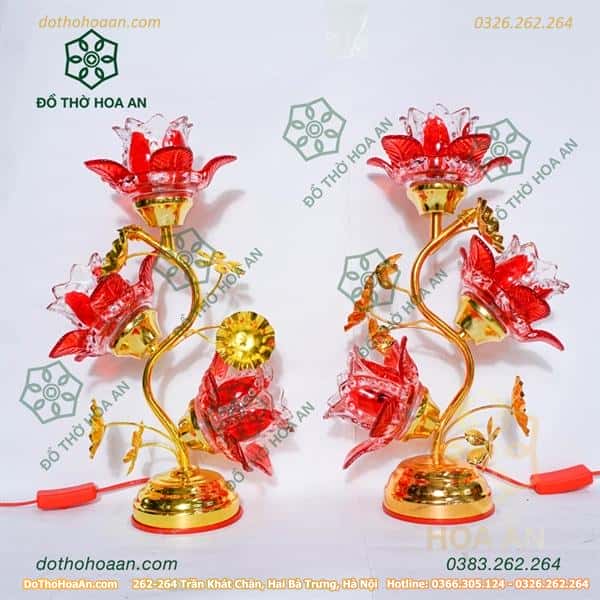 Đèn Thờ Hoa Sen 3 Bông Đỏ/Vàng Bóng Led Thuỷ Tinh Thân Cong-55(variation) Đèn Thờ Hoa Sen 3 Bông Đỏ/Vàng Bóng Led Thuỷ Tinh Thân Cong