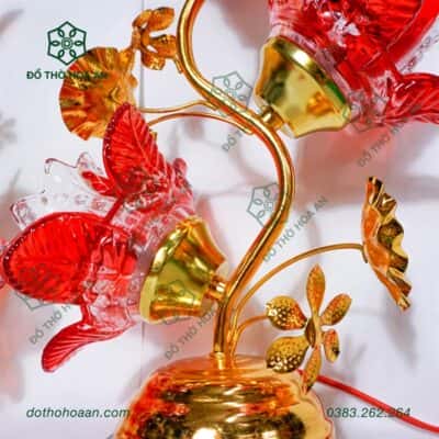 Đèn Thờ Hoa Sen 3 Bông Đỏ/Vàng Bóng Led Thuỷ Tinh Thân Cong2