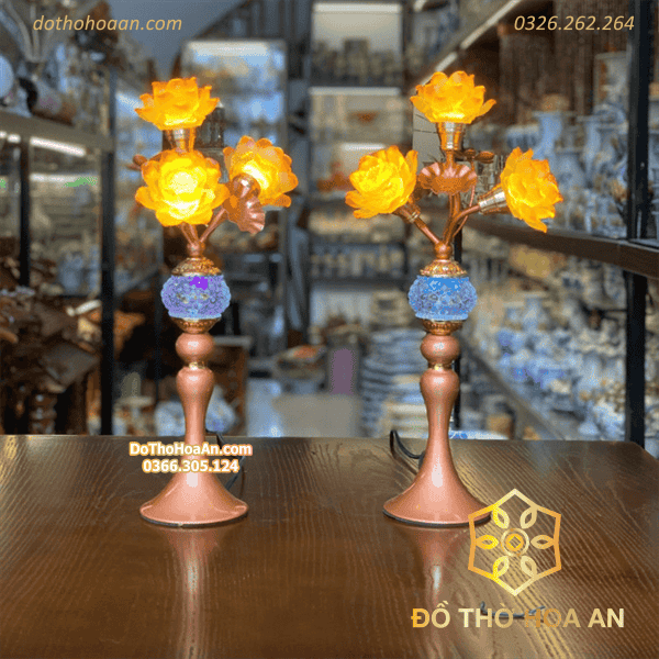 Đèn Thờ Hoa Sen 3 Bông Lưu Ly Thân Hợp Kim-cao-51cm(variation) Đèn Thờ Hoa Sen 3 Bông Lưu Ly Thân Hợp Kim