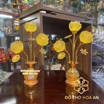 Đèn Thờ Hoa Sen 3 Bông Lưu Ly Thân Ngọc