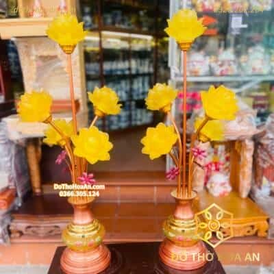 Đèn Thờ Hoa Sen 5 Bông Lưu Ly Thân Ngọc Vàng