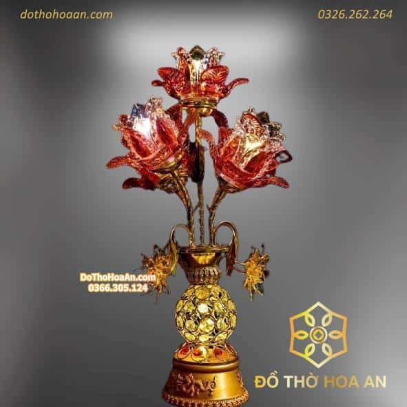 Đèn Thờ Hoa Sen 5 Bông Thủy Tinh Đỏ Thân Ngọc