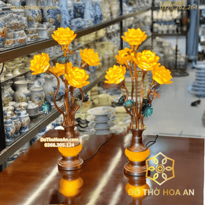 Đèn Thờ Hoa Sen 7 Bông Lưu Ly Thân Ngọc Cành Cong