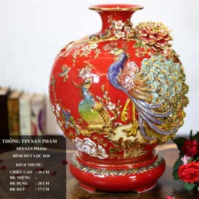 Bình Hút Lộc Công Đào Men Đỏ Đắp Nổi Vẽ Vàng 24K H30
