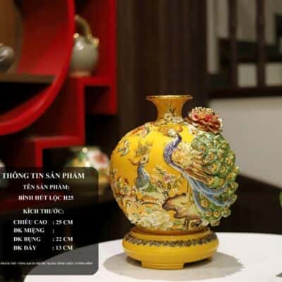 Bình Hút Lộc Công Đào Men Vàng Đắp Nổi Vẽ Vàng 24K H25