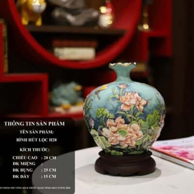 Bình Hút Lộc Hoa Sen Men Xanh Ngọc Đắp Nổi Vẽ Vàng 24K H28