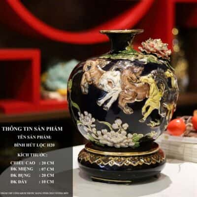 Bình Hút Lộc Mã Đáo Đắp Nổi Vẽ Vàng 24K H20 Đen