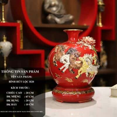 Bình Hút Lộc Mã Đáo Thành Công Men Đỏ Đắp Nổi Vẽ Vàng 24K H20