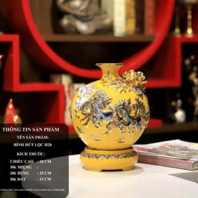 Bình Hút Lộc Mã Đáo Thành Công Men Vàng Đắp Nổi Vẽ Vàng 24K H28