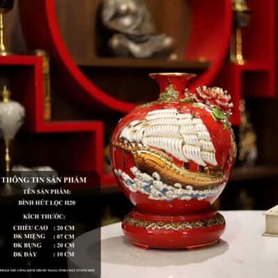 Bình Hút Lộc Thuận Buồm Xuôi Gió Men Đỏ Đắp Nổi Vẽ Vàng 24K H20