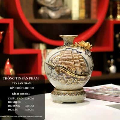 Bình Hút Lộc Thuận Buồm Xuôi Gió Men Rạn Đắp Nổi Vẽ Vàng 24K H28