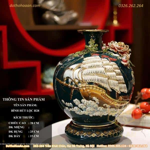 Bình Hút Lộc Thuận Buồm Xuôi Gió Men Xanh Lá Đắp Nổi Vẽ Vàng 24K H28 M1-cao-28cm(variation) Bình Hút Lộc Thuận Buồm Xuôi Gió Men Xanh Lá Đắp Nổi Vẽ Vàng 24K H28 M1