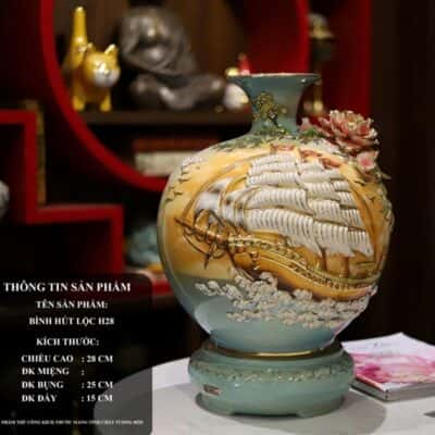 Bình Hút Lộc Thuận Buồm Xuôi Gió Men Xanh Ngọc Loang Vàng Đắp Nổi Vẽ Vàng 24K H28
