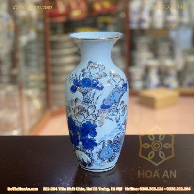Lọ Hoa Dáng Lục Bình Men Lam Vẽ Vàng 24K