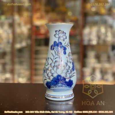 Lọ Hoa Dáng Huệ Sen Men Lam Vẽ Vàng 24K