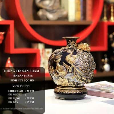 Bình Hút Lộc Công Đào Men Đen Đắp Nổi Vẽ Vàng 24K H28