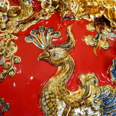 Bình Hút Lộc Công Đào Men Đỏ Đắp Nổi Vẽ Vàng 24K H304